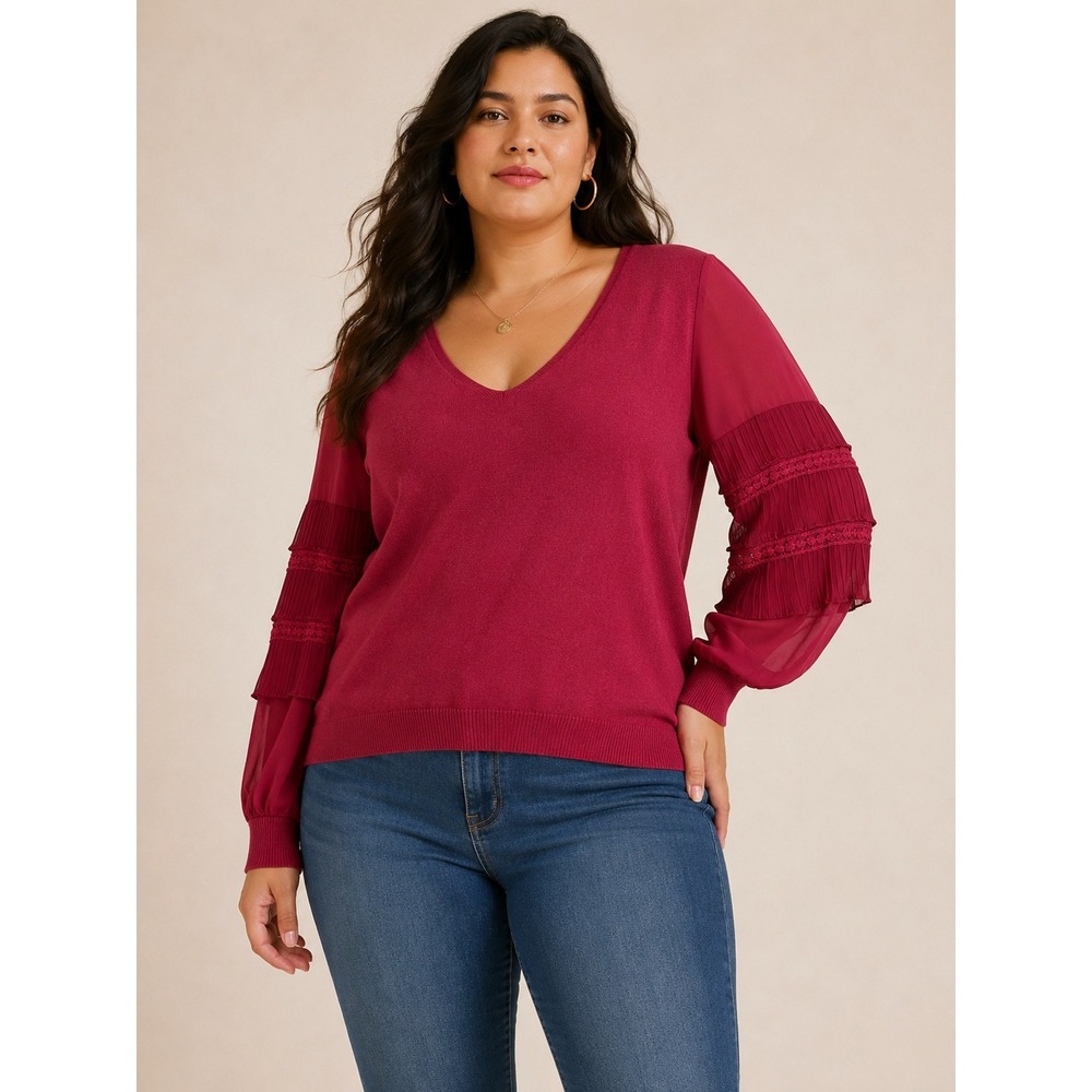 Siani Milano V-Neck Sweater Women's Large Pleated Sheer Sleeve Knit Top Burgundy